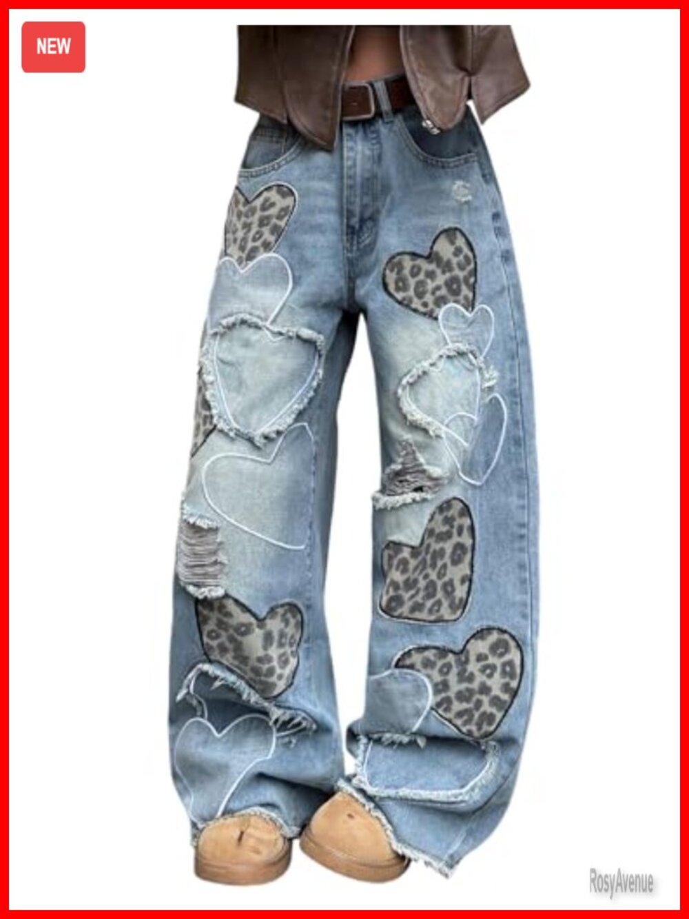Women's Baggy Wide Leg Y2K Jeans Heart Leopard Patchwork Denim Pants